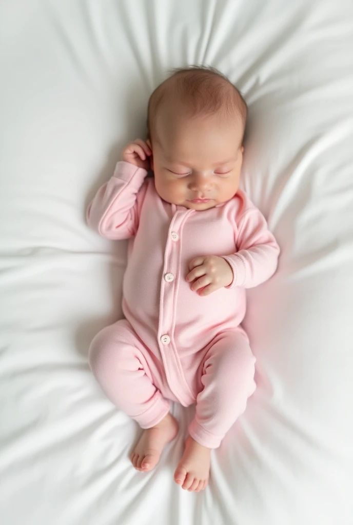 ((Ultra realistic photo of a newborn baby, lying on white sheets in pink onesies