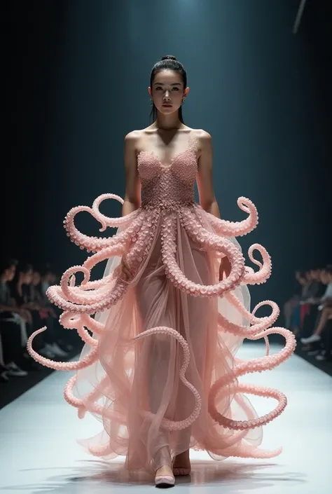 Asian model , with a bun in her hair,  parading on the runway, wearing an octopus-inspired dress, 4k image