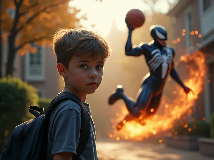 Boy coming home from school  ( looking at the camera )  while behind Venom is making a basket  ( is in the air with the ball before shooting) In basketball and the ball in flames in the background 