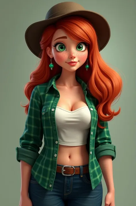   Wendy Corduroy with dark brown trapper hat,emerald green plaid/flannel shirt with a white tank top underneath, green stub earrings, dark blue jeans, long auburn hair nearly covering eye and with freckles green eyes big breasts 