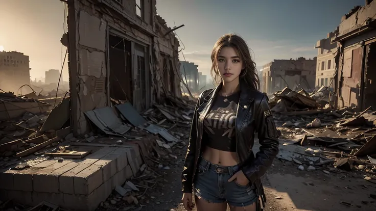 masterpiece, High Res,8K,(Portrait Photos:1.5),(R Original Photo),Reality,Digital Photography,(Apocalyptic ruins ),City ruins，beautiful 20 year old woman，sentry， post-apocalyptic scene，Close-range photography， broken clothes