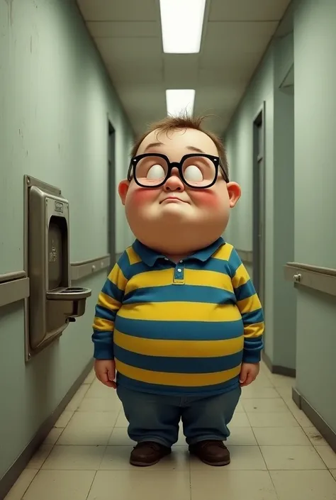 Very fat boy, Thin hair, in front of a drinking fountain in a corridor ,  wearing a large blue and yellow striped shirt and glasses 