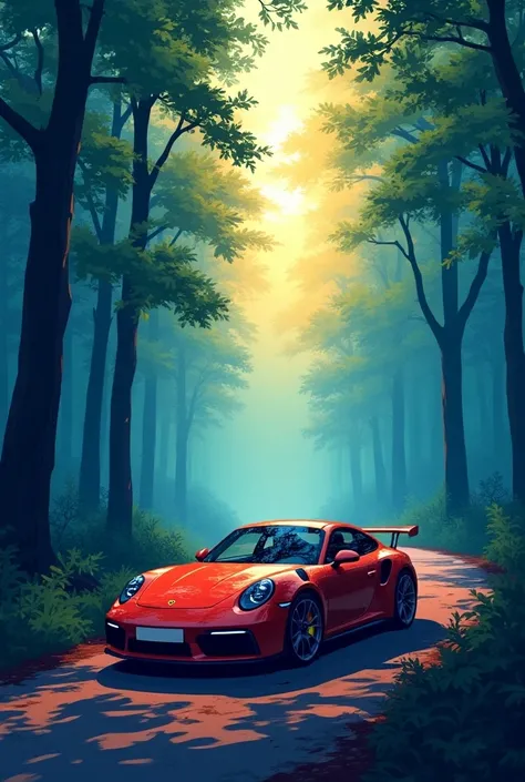 Vector art of a Porsche parked on a misty forest path at dawn, with vibrant, lifelike colors and soft, realistic lighting. The car stands out with its glossy finish, reflecting the subtle glow of early morning light. The forest is depicted with stylized tr...