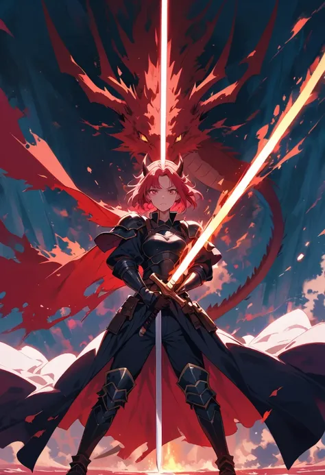 strong emotions, Sakura, dragon, short hair, light, focus, dragon Tamer, full body , horns on head, com um filhote de dragon ns braços, full ,body , half Lightersaber sword blade,uniform, armor,  tall , one sword 