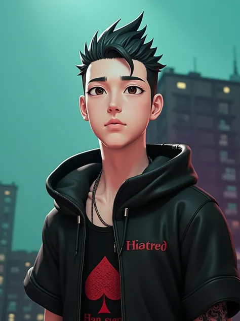 A 3D anime boy gangster stands confidently, wearing a stylish black and red t-shirt emblazoned with "SPADE." His faded hairstyle accentuates a sharp hairline, set against a gritty urban backdrop bathed in moody twilight.