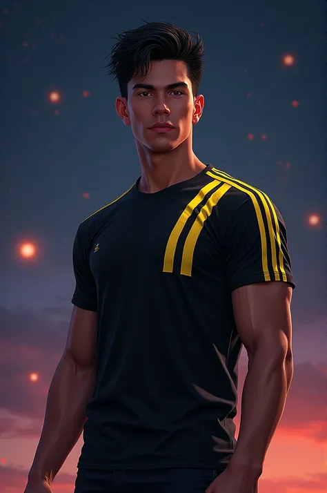 Leon wearing a black t-shirt with yellow stripes and 11 black stars in the background