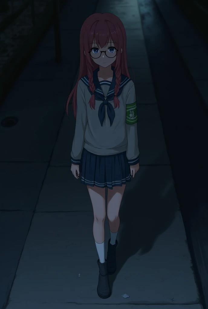  A young teenage girl with long, magenta-colored hair tied in two low braids,  wearing glasses and a slightly sad expression ,  is walking on a shady sidewalk .  She wears a school uniform consisting of a gray blouse with blue details,  a blue ribbon neck ...