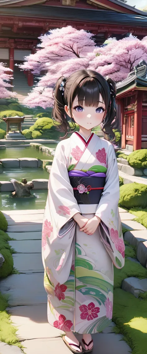  absurd,  Hi-Res, Super detailed, beautiful, masterpiece, Best Quality,Ancient temples, Lush garden,  bright colors , Quiet Pond, Traditional architecture , cherry blossoms,(1 person,  cute young woman, Age 15, Black Hair, twin tails, kimono,kimono),