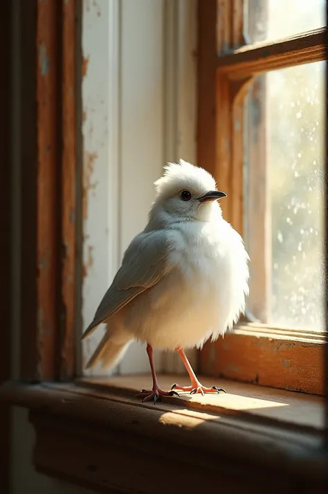 Small white bird in a window, detailed, 4k, (best quality), (best resolution), (perfect)