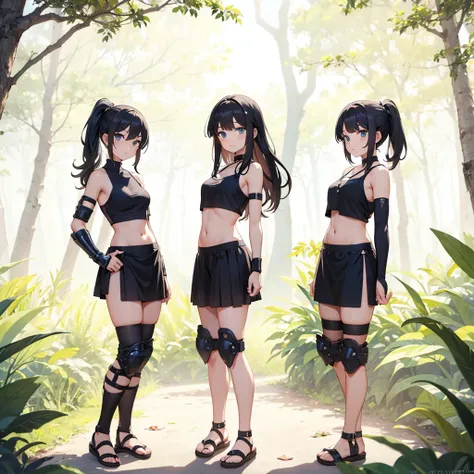 young greek warriors girls in black togas , only girls , forest in the background , sandals , 4 GIRLS , BLACK HAIR , forest in the background , elbow pads, knee pads, shoulder pads, blUE CLOTHES , sandals , sexy, exposed belly, muscular girl, defined abdom...