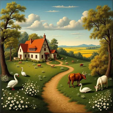 Early Renaissance-style natural image, of a beautiful village with farmhouse, with yellow field of wheat and lawns 
 Green with white flowers with a few swans and oxen and a blue sky full of colors