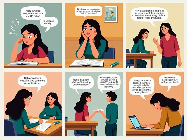  create a sequence of images in the form of a comic book telling about a woman with visual impairment and anxiety, Rafaela, in classroom,  try to worry about what your classmates think and feel anxious ,  what affects your attention .  She feels anxious an...