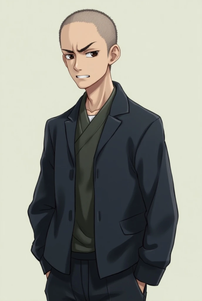 Make a normal skinny man , with a minimally angry face , with short black hair,  almost bald and also wearing a Japanese school uniform black eyes thin neck