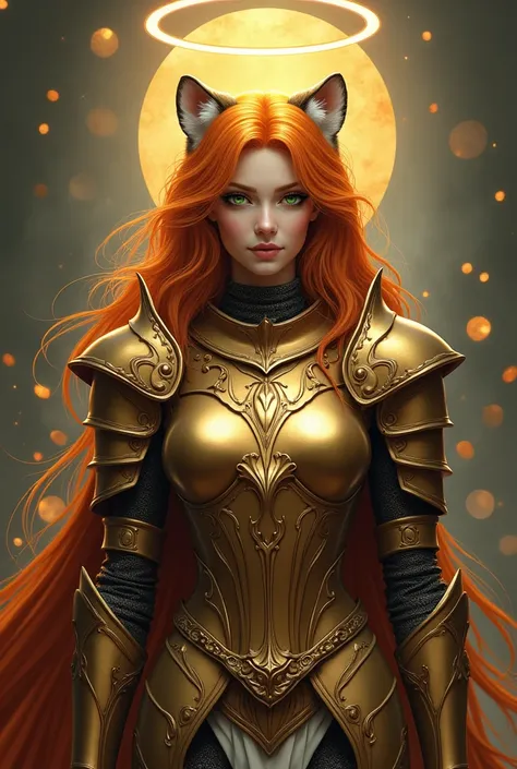 Heavenly, tiger ears, lady, tiger features, halo above head, ginger hair, green eyes, wearing knight armor except no helmet