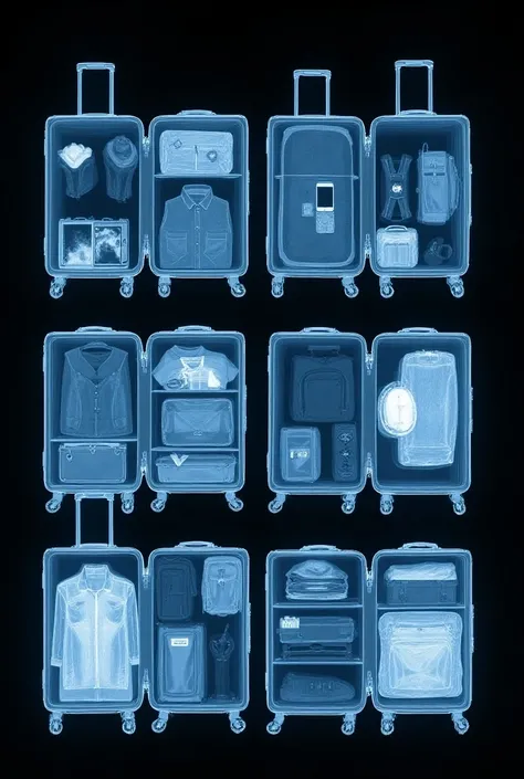 X-ray image of several airport suitcases