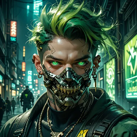 cyborg, 1_man_cyberpunk_2077, barghest , neon yellow and black techwear, bulky dude in a post apocalyptic las vegas, neongreen p...