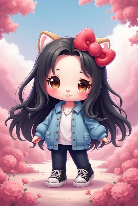  Make a hello kitty that is and contains long hair, Black hair, fringeless hair ,  that has a white shirt ,  that has a light blue sweater , That she has black pants ,  that has black converse-type shoes ,  that has brown eyes and that has a pink landscape...