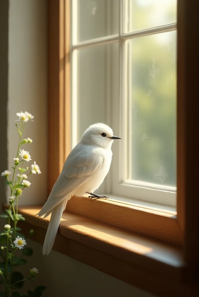 Small white bird in a window, detailed, 4k, (best quality), (best resolution), (perfect)