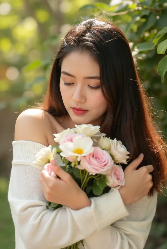 curvy asia young girl, she has long hair, cute, she wears white sweaters.. she hugged the bouquet of flowers happily. the lighti...