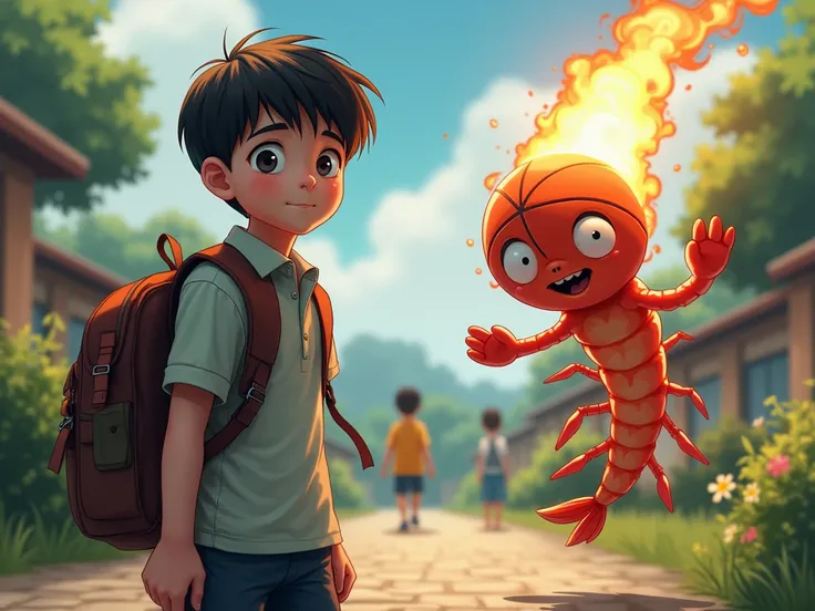 Boy coming home from school  ( looking at the camera ) While in the back is a shrimp donquendo in basketball and the ball is on fire 