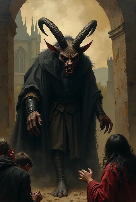 Create a dark medieval painting of the devil with goat-like features – horns, goat paws, and a menacing expression.The scenery has an old paint tone, with human figures around it showing fear. The background is a medieval environment, dark and mysterious, ...