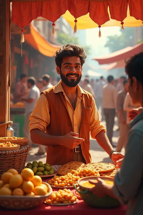 
7. Raj interacting with customers at his stall, his expressions showing excitement and pride as he makes his first sales. Relastic 
