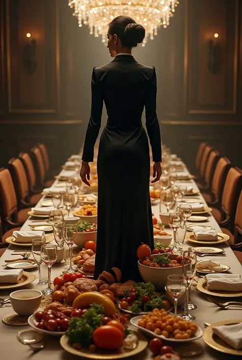 Stewardess in black silk tramples on a large amount of  food on the dinner table