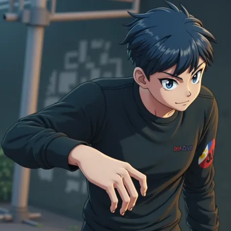 A 3D anime boy gangster stands confidently, wearing a stylish blue yellow and red with phillippine flag design t-shirt emblazoned with "SPADE." His faded hairstyle accentuates a sharp hairline, set against a gritty urban backdrop bathed in moody twilight.