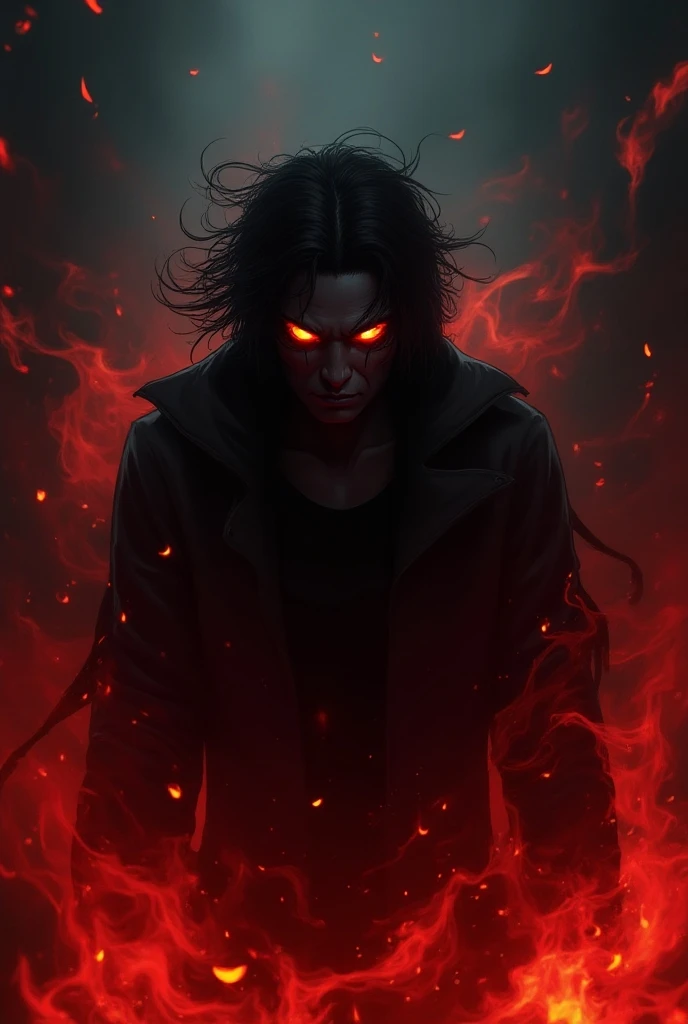 "Dark figure with bright eyes,messy hair surrounded by fire and smoke on a black and red background, evoking an atmosphere of chaos and supernatural energy with an animated style 