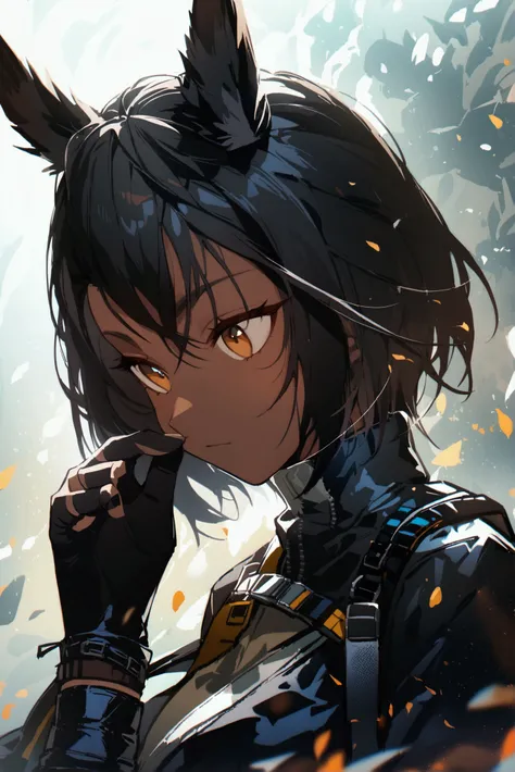 arknights, full body, black hair, buzzcut, dark skin female, tomboy, fingerless gloves, plain background