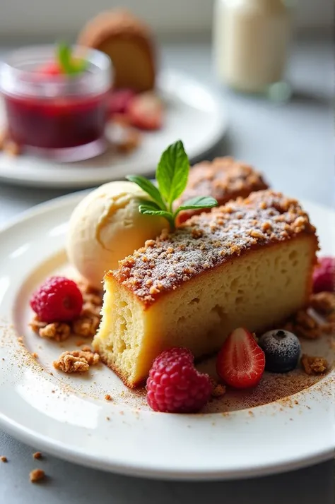 Make a dessert, Coffee cake, accompanied by a bag of coconut ice cream and Camu Camu jam, Add decoration , The dessert should look elegant and Gourmet 
