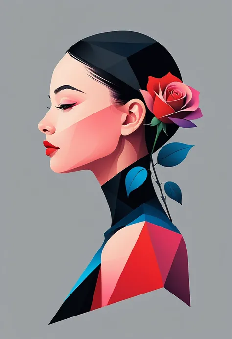 (((Vector，flat form style，illustration，digital art illustration)))，1 girl，Unique，pretty face，profile，portrait，Shoulder，Black high neck，Geometric Gradients，artistic conception，Abstract，minimalism，minimalist lines，portrait，blue flower, flower, Gradient, Grad...