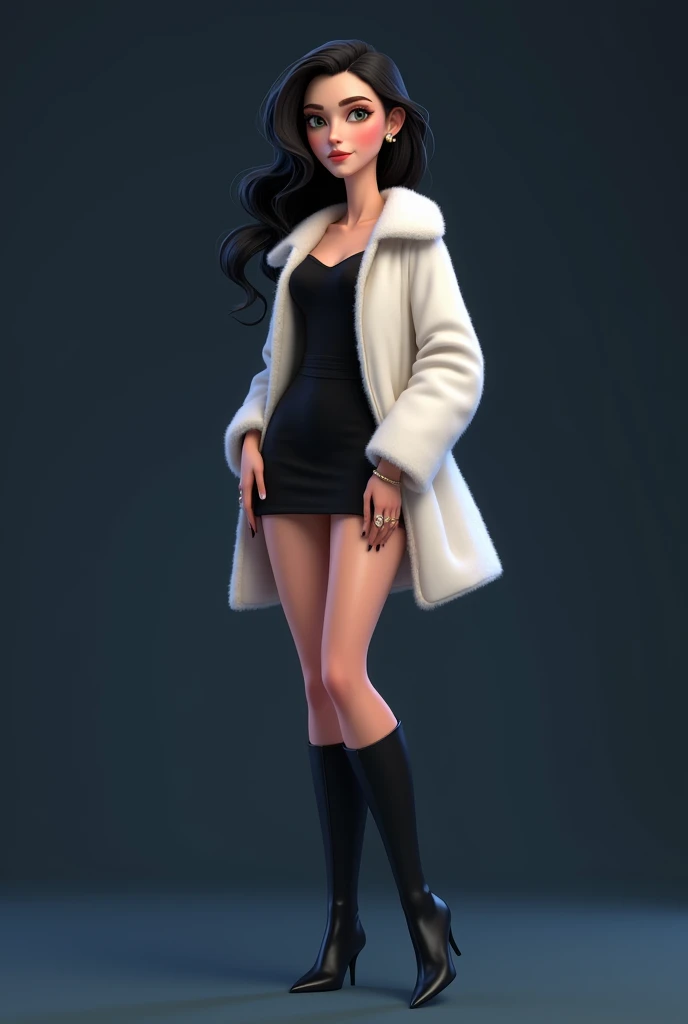  Creates a realistic animated image of a skinny woman of 165 ,  she has wavy and silky black hair , waist length. her skin is white,  she has gray-green eyes ,  Her face is delicate , settled and attractive .  Her nose is thin and small and her lips are a ...