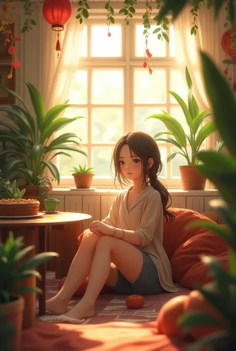 rens days celebration school indoors, soft lighting, plants in background, window with sunlight, cozy room, relaxed pose, realistic, intricate details, warm colors