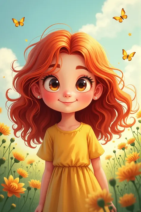 Make a cartoon about a girl with reddish and wavy hair