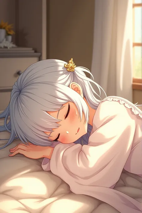 A white-haired anime girl sleeping on the floor barefoot