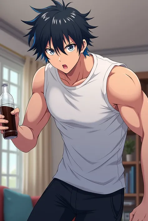 Seventeen-year-old anime boy with black hair with blue tips, gray eyes, marked and muscular physique with a sleeveless white t-shirt, black pants spitting soda, who is taken with a surprised face in the living room of his anime-style apartments My Hero Aca...