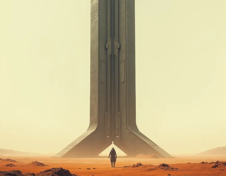 one sci fi column with big empty metal cover and some detailed botom standing in the middle of desert