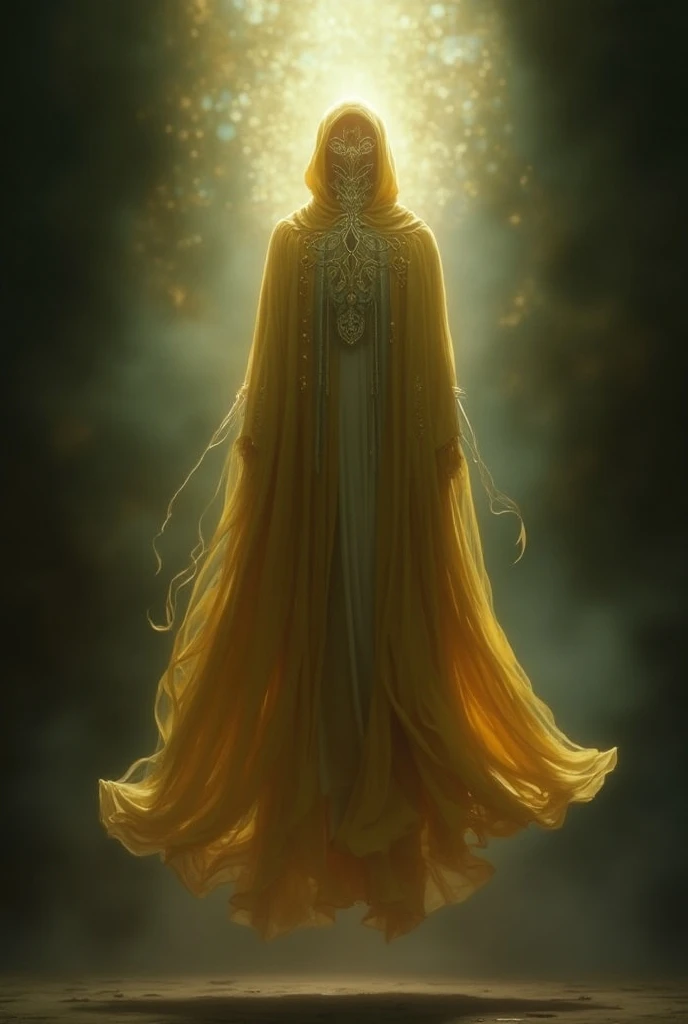 Of course,  here is an updated prompt for a spiritual cover without the presence of humans:

" A floating spiritual cloak , stately and empty ,  hanging alone in a mystical environment .  The cover is shrouded in soft heavenly light ,  with an ornate desig...