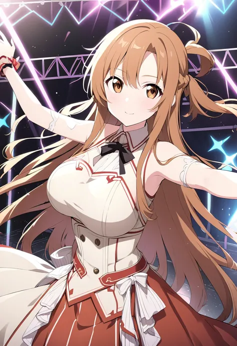 yuuki asuna, brown eyes, brown hair, long hair, bangs, braid,　Live Stage, Big Breasts, formal dress　solo