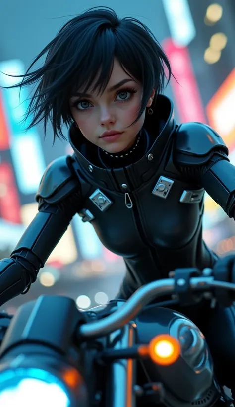  A young cyborg warrior with large, expressive eyes , similar to those of  "Battle Angel", with short, dark hair,  riding a futuristic motorcycle at high speed .  The motorcycle has an aerodynamic design with blue LED lights and a shiny black metal finish ...