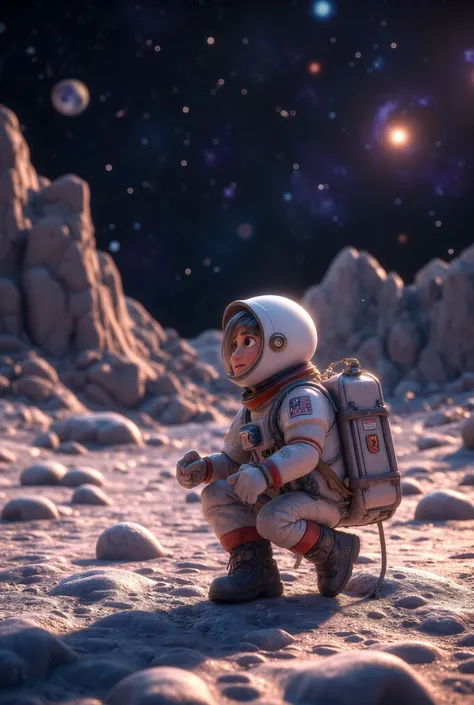 Create an image of a small astronaut sitting on the Moon with the universe behind him