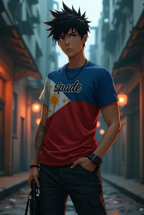 A 3D anime boy gangster stands confidently, wearing a stylish blue yellow and red with t-shirt with phllippine flag design emblazoned with "SPADE." His faded hairstyle accentuates a sharp hairline, set against a gritty urban backdrop bathed in moody twilig...