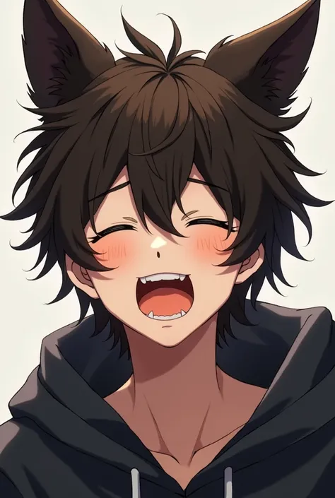 16-year-old boy cheers up dark brown hair and eyes with black wolf ears , eyes closed ,  Open mouth
