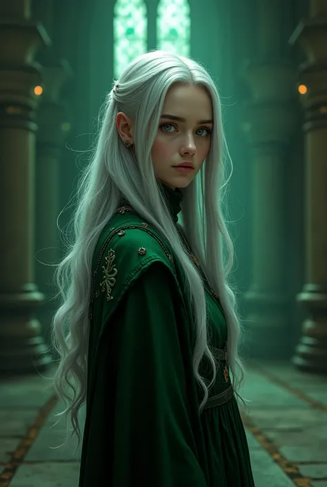 (Harry Potter universe)
(Slytherin girl, long silver hair, white eyes) 