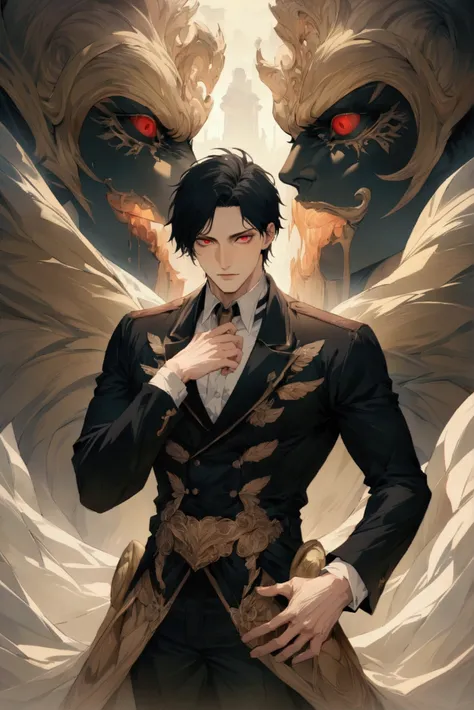 Handsome man in his 20s with long black hair（1 macho,Ellen Yeager） red eyes ,Attack on Titan,(masterpiece:1.3),(HIGHER QUALITY:1.4),( very detailed な:1.5), High resolution, very detailed ,Papel de parede Unity 8k,decadent,Get a soft design 