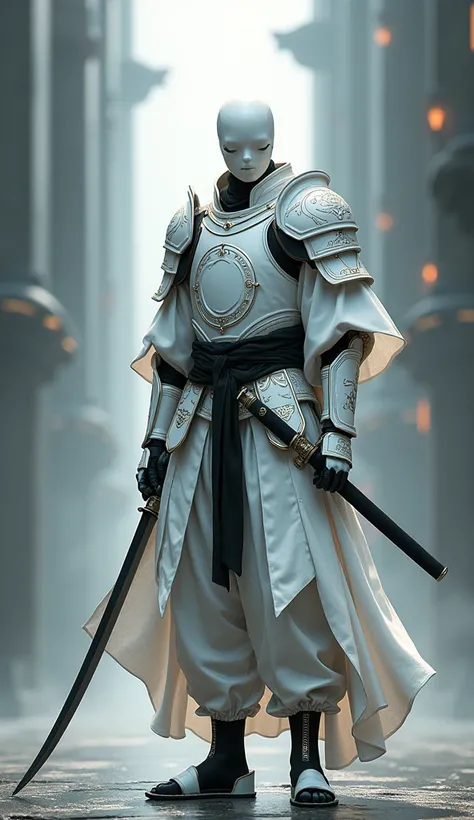 Knight of tomorrow, white armored jacket,black sash, white hakama, Black tabi, white zori, pure white half skull faceless, carry black japan traditional blade, battle in Seireitei