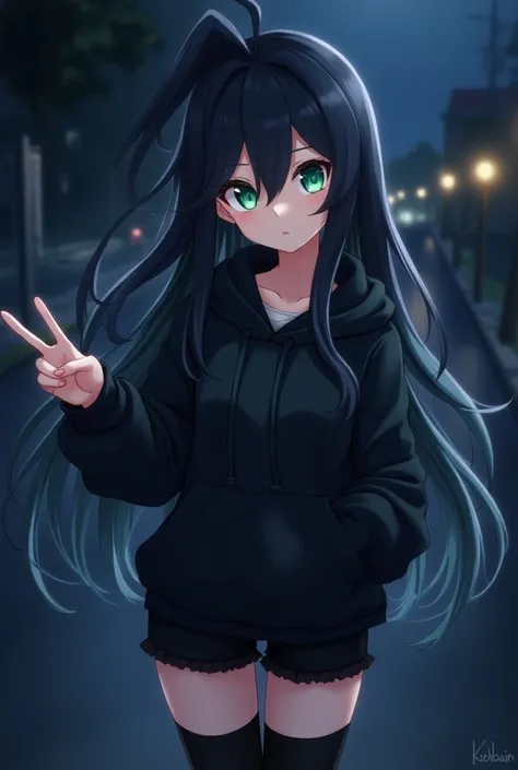  anime girl  with black hair and green eyes making a peace sign, Koshintai ,  anime girl  with teal hair,  animation style  4k,  anime cute art style , 2D animation style ,  best 4K Konachan anime wallpaper ,  Anime Characters , Anime atmosphere, an  anime...