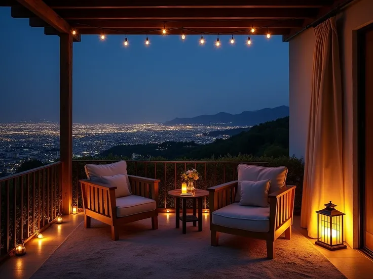 Night Balcony with City View "A cozy balcony at night, with a spectacular view of the lights of a distant city. The balcony is decorated with comfortable chairs, cushions and throws, and softly lit by a row of small cozy lights ​​and a floor lantern. The a...