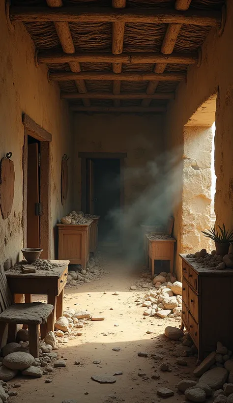 create an image of a messy house, very dirty, dirty walls, a house from Jesus time